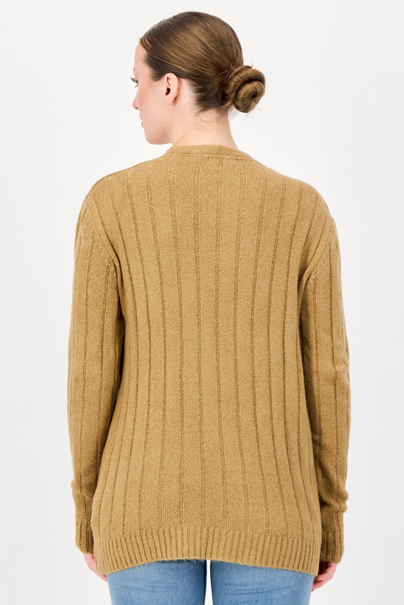 trendyol Women Split Neck Textured Cardigan, Brown - Image 3